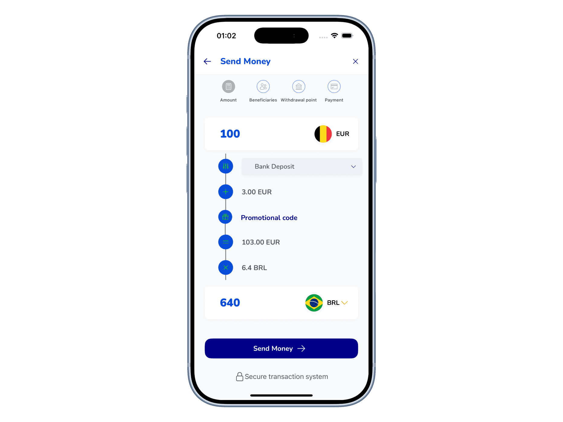 L'écran d'envoi de l'application BT Money.
