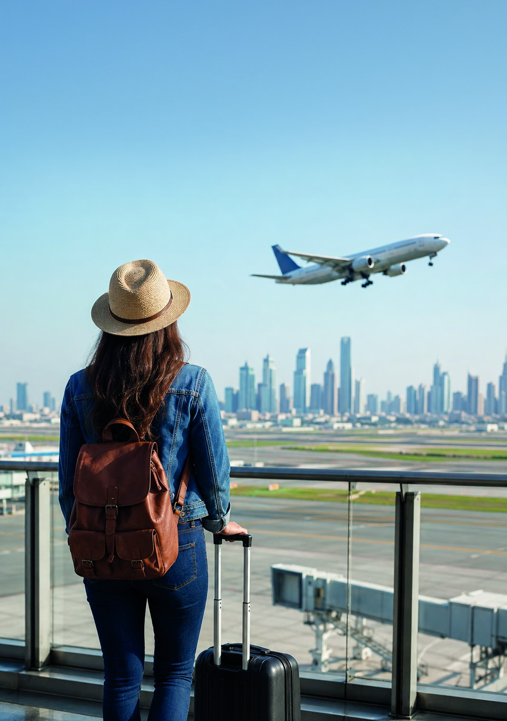 Une voyageuse regarde un avion au départ.