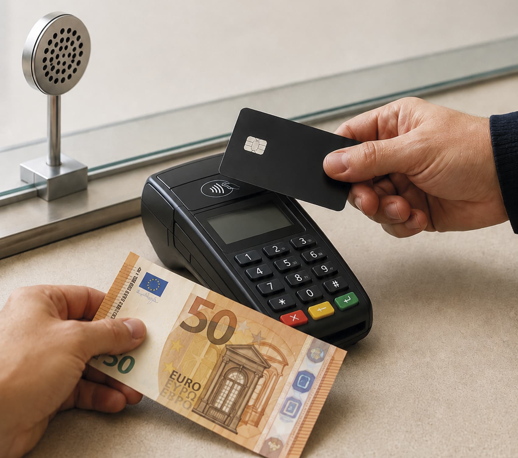 Terminal de paiement, carte bancaire et billets en euros.