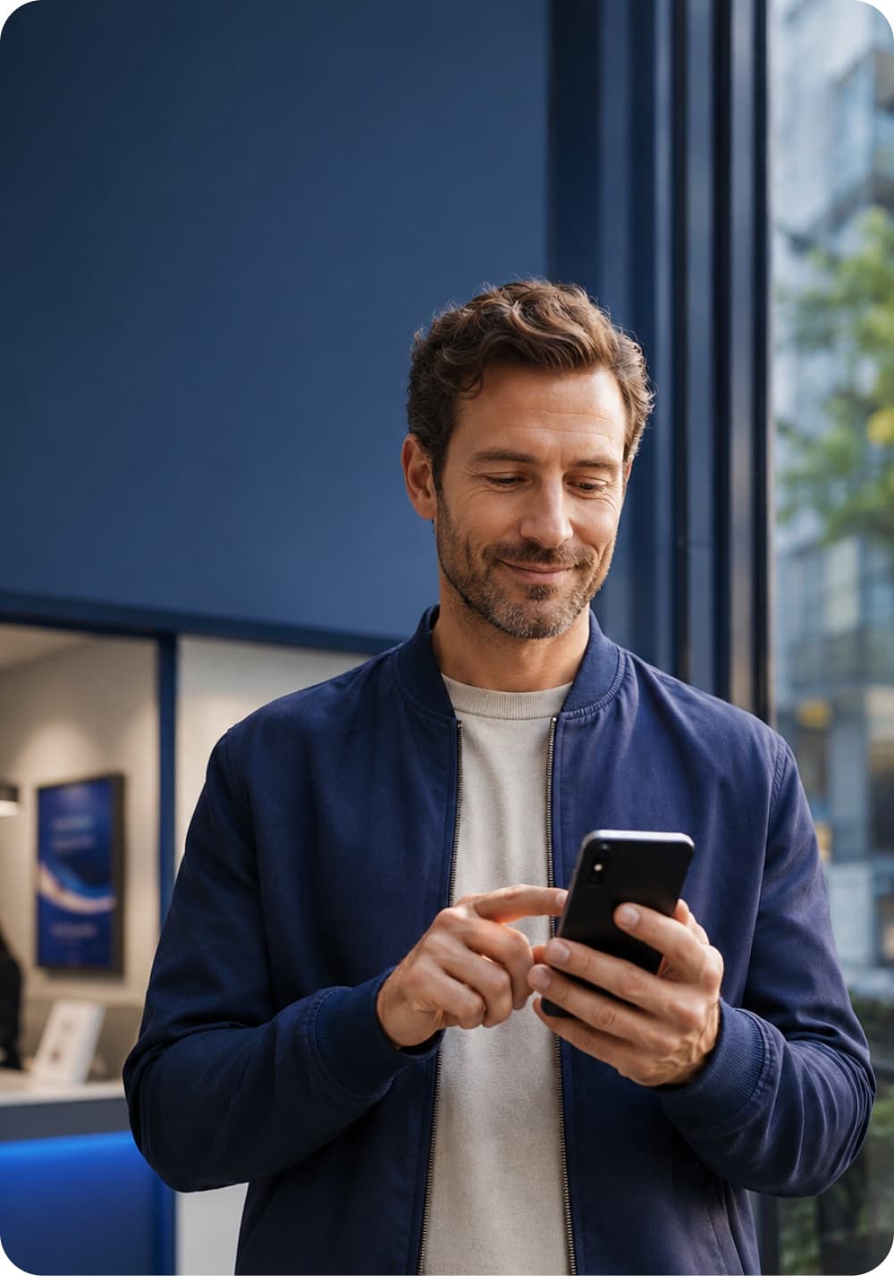 Un client consulte son téléphone devant une agence BT.